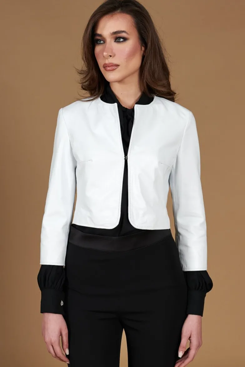 Donna D'Arienzo Miss - Giacca corta bolero in pelle bianca girocollo nappa effetto liscio