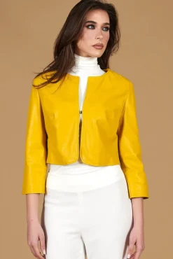 Donna D'Arienzo Miss - Giacca corta bolero in pelle naturale gialla girocollo