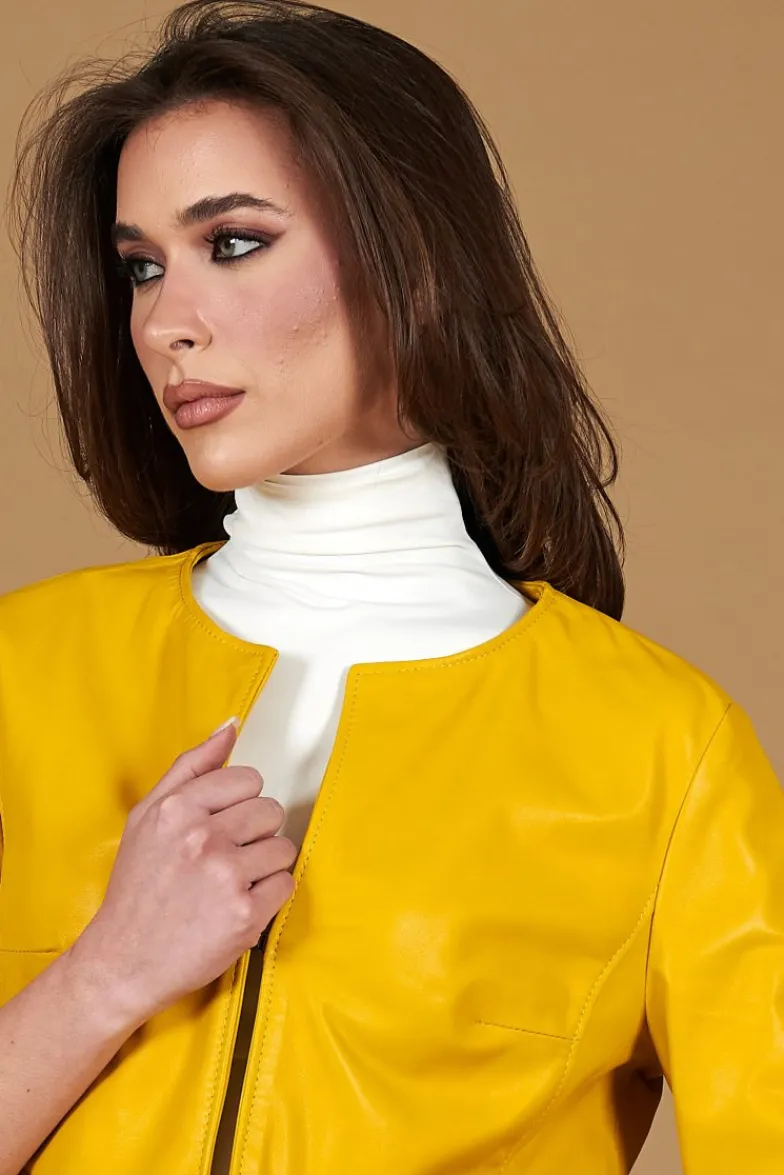 Donna D'Arienzo Miss - Giacca corta bolero in pelle naturale gialla girocollo