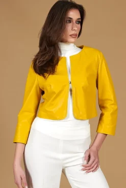 Donna D'Arienzo Miss - Giacca corta bolero in pelle naturale gialla girocollo