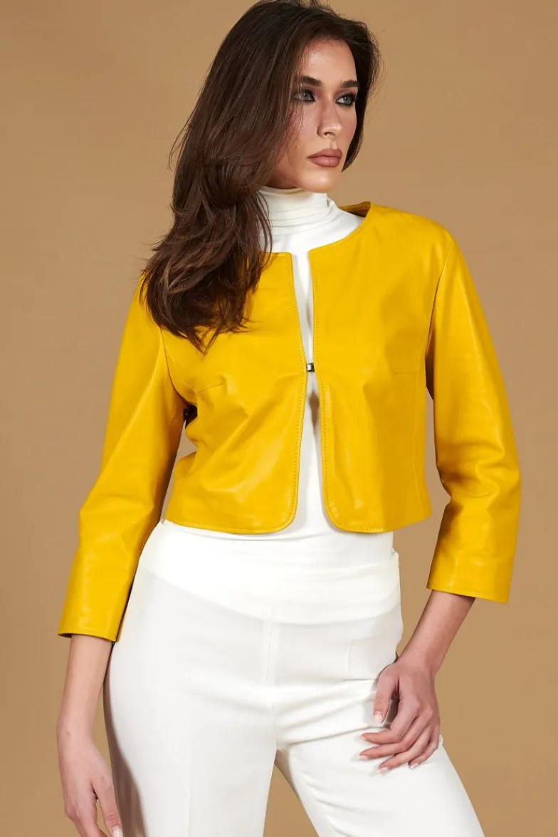 Donna D'Arienzo Miss - Giacca corta bolero in pelle naturale gialla girocollo
