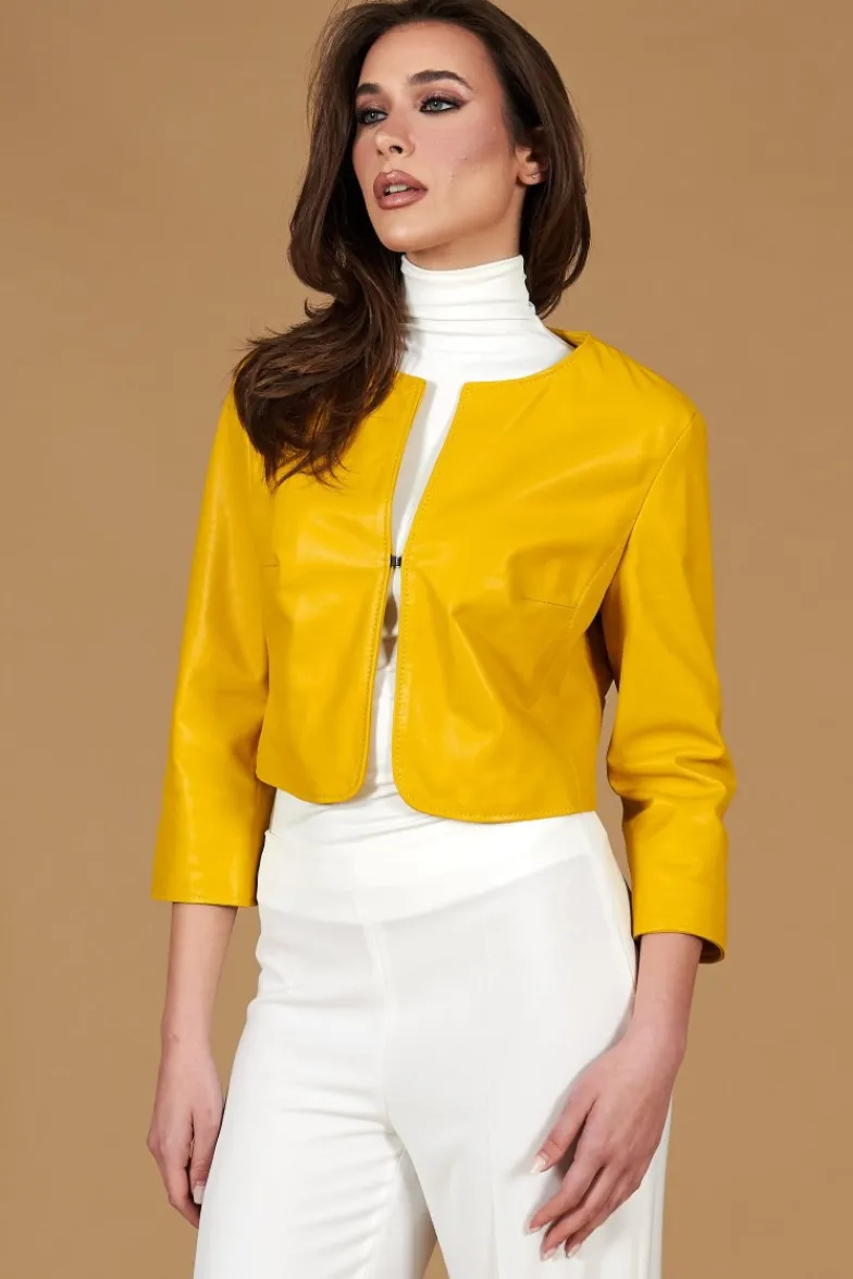 Donna D'Arienzo Miss - Giacca corta bolero in pelle naturale gialla girocollo