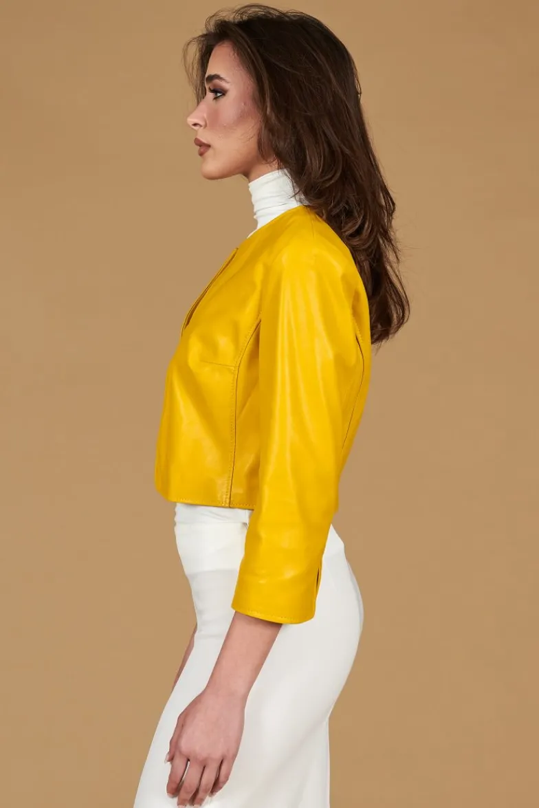 Donna D'Arienzo Miss - Giacca corta bolero in pelle naturale gialla girocollo