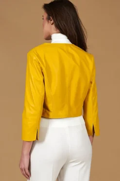 Donna D'Arienzo Miss - Giacca corta bolero in pelle naturale gialla girocollo