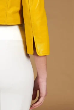 Donna D'Arienzo Miss - Giacca corta bolero in pelle naturale gialla girocollo