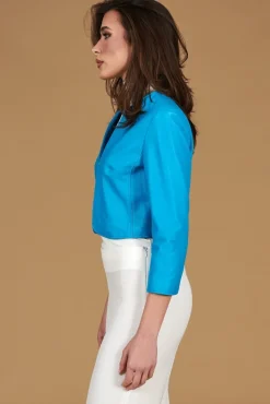 Donna D'Arienzo Miss - Giacca corta bolero in pelle naturale azzurra girocollo