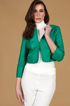 Donna D'Arienzo Miss - Giacca corta bolero in pelle verde smeraldo girocollo