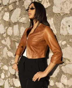 Donna D'Arienzo Miss - Giacca corta bolero in pelle cuoio girocollo effetto vintage