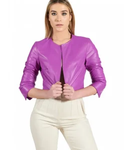 Donna D'Arienzo Miss - Giacca corta bolero in pelle naturale glicine girocollo