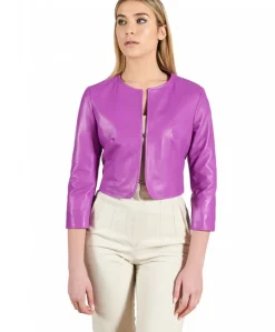 Donna D'Arienzo Miss - Giacca corta bolero in pelle naturale glicine girocollo