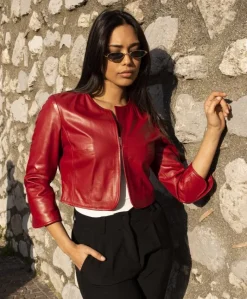 Donna D'Arienzo Miss - Giacca corta bolero in pelle rossa girocollo nappa effetto liscio