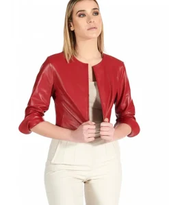 Donna D'Arienzo Miss - Giacca corta bolero in pelle rossa girocollo nappa effetto liscio