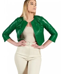 Donna D'Arienzo Miss - Giacca corta bolero in pelle naturale verde girocollo