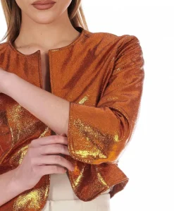 Donna D'Arienzo Miss - Giacca corta bolero in pelle laminata arancio girocollo