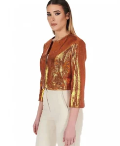 Donna D'Arienzo Miss - Giacca corta bolero in pelle laminata arancio girocollo