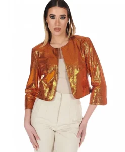 Donna D'Arienzo Miss - Giacca corta bolero in pelle laminata arancio girocollo