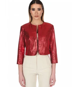 Donna D'Arienzo Miss - Giacca corta bolero in pelle laminata rossa girocollo