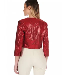 Donna D'Arienzo Miss - Giacca corta bolero in pelle laminata rossa girocollo