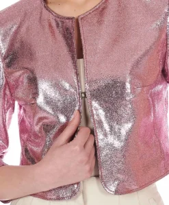 Donna D'Arienzo Miss - Giacca corta bolero in pelle laminata rosa girocollo