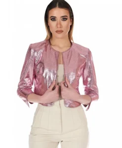 Donna D'Arienzo Miss - Giacca corta bolero in pelle laminata rosa girocollo