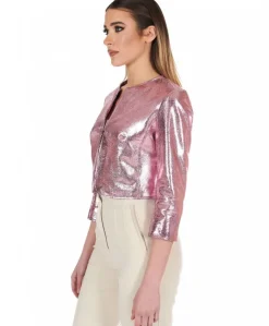 Donna D'Arienzo Miss - Giacca corta bolero in pelle laminata rosa girocollo