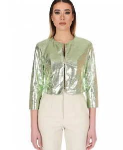 Donna D'Arienzo Miss - Giacca corta bolero in pelle laminata verde chiaro girocollo