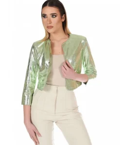 Donna D'Arienzo Miss - Giacca corta bolero in pelle laminata verde chiaro girocollo
