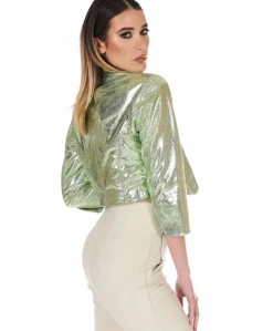 Donna D'Arienzo Miss - Giacca corta bolero in pelle laminata verde chiaro girocollo