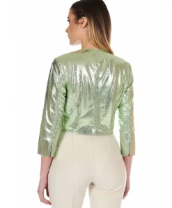 Donna D'Arienzo Miss - Giacca corta bolero in pelle laminata verde chiaro girocollo