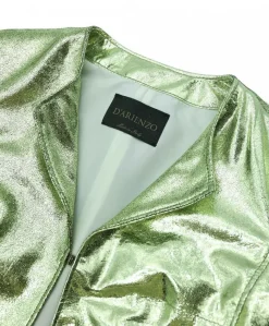 Donna D'Arienzo Miss - Giacca corta bolero in pelle laminata verde chiaro girocollo