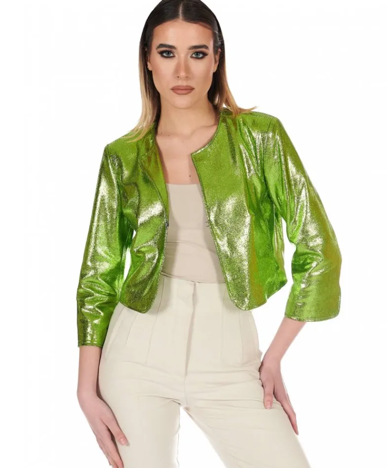 Donna D'Arienzo Miss - Giacca corta bolero in pelle laminata verde girocollo