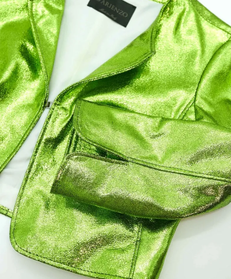 Donna D'Arienzo Miss - Giacca corta bolero in pelle laminata verde girocollo