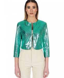 Donna D'Arienzo Miss - Giacca corta bolero in pelle laminata turchese girocollo