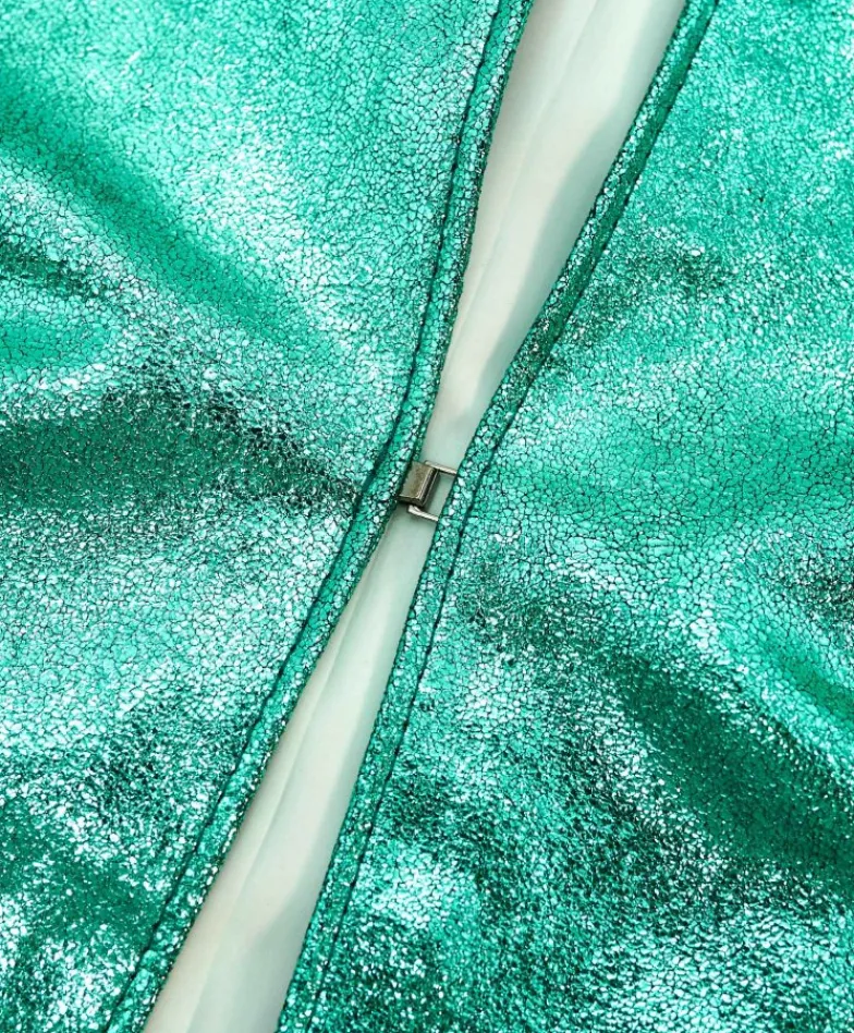 Donna D'Arienzo Miss - Giacca corta bolero in pelle laminata turchese girocollo