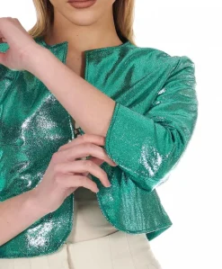 Donna D'Arienzo Miss - Giacca corta bolero in pelle laminata turchese girocollo