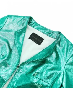 Donna D'Arienzo Miss - Giacca corta bolero in pelle laminata turchese girocollo