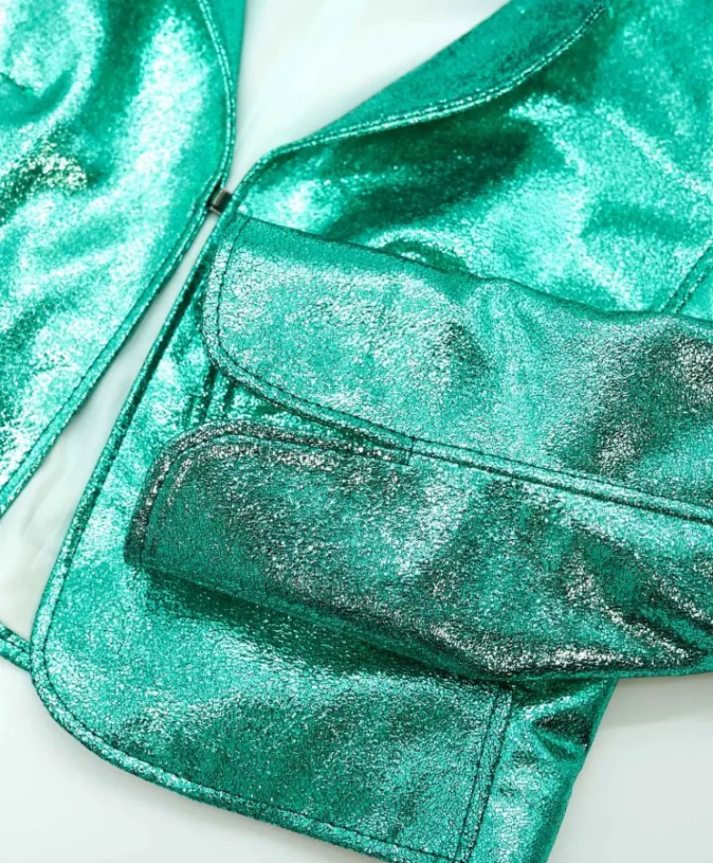 Donna D'Arienzo Miss - Giacca corta bolero in pelle laminata turchese girocollo