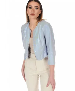 Donna D'Arienzo Miss - Giacca corta bolero in pelle laminata viola chiaro girocollo