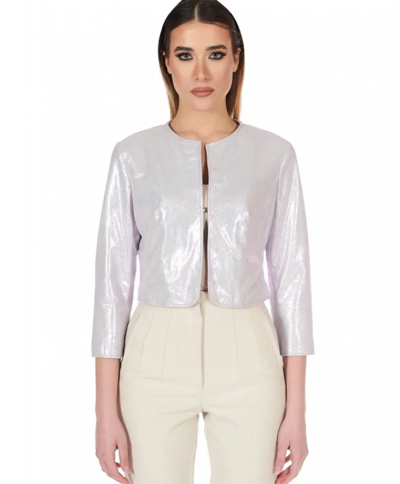 Donna D'Arienzo Miss - Giacca corta bolero in pelle laminata rosa chiaro chiaro girocollo