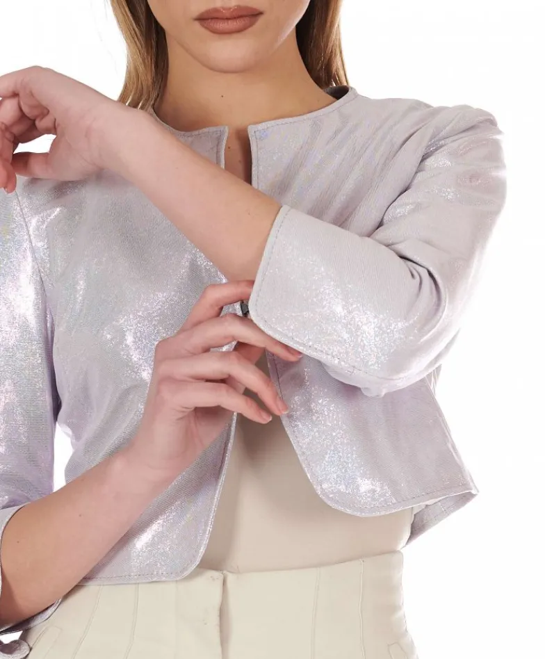 Donna D'Arienzo Miss - Giacca corta bolero in pelle laminata rosa chiaro chiaro girocollo