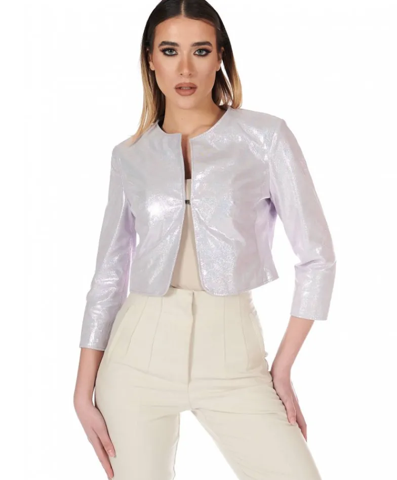 Donna D'Arienzo Miss - Giacca corta bolero in pelle laminata rosa chiaro chiaro girocollo