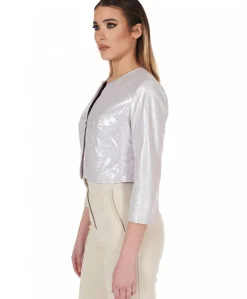 Donna D'Arienzo Miss - Giacca corta bolero in pelle laminata rosa chiaro chiaro girocollo