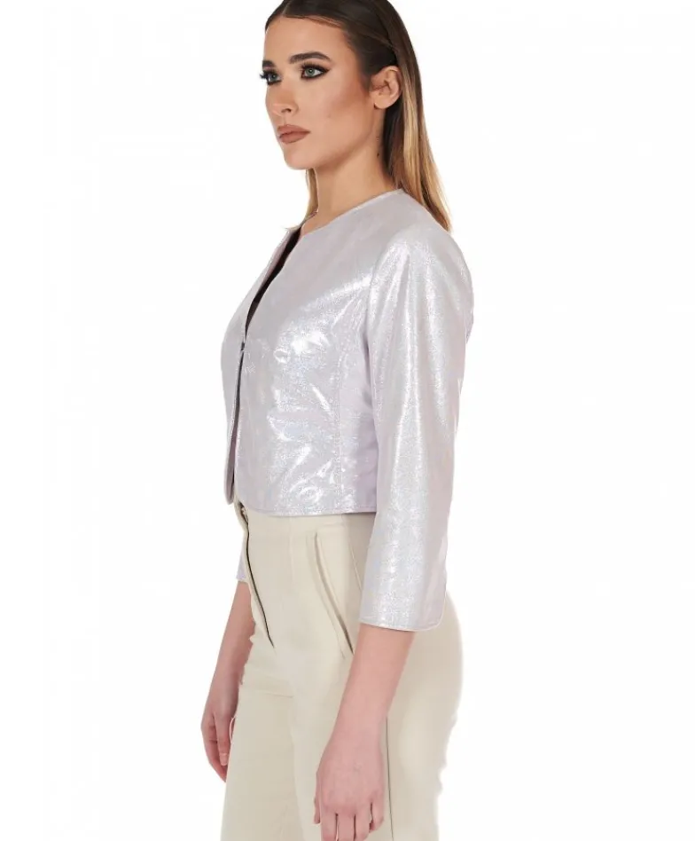 Donna D'Arienzo Miss - Giacca corta bolero in pelle laminata rosa chiaro chiaro girocollo