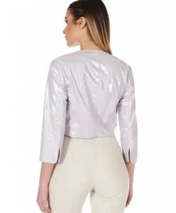 Donna D'Arienzo Miss - Giacca corta bolero in pelle laminata rosa chiaro chiaro girocollo