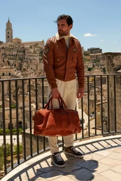 D'Arienzo Morris - Borsone da viaggio in pelle cuoio con manico pieghevole