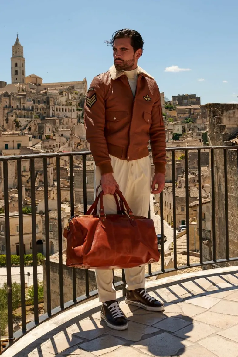 D'Arienzo Morris - Borsone da viaggio in pelle cuoio con manico pieghevole