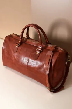 D'Arienzo Morris - Borsone da viaggio in pelle cuoio con manico pieghevole