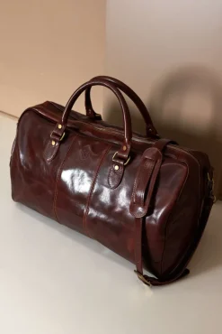 D'Arienzo Morris - Borsone da viaggio in pelle marrone con manico pieghevole