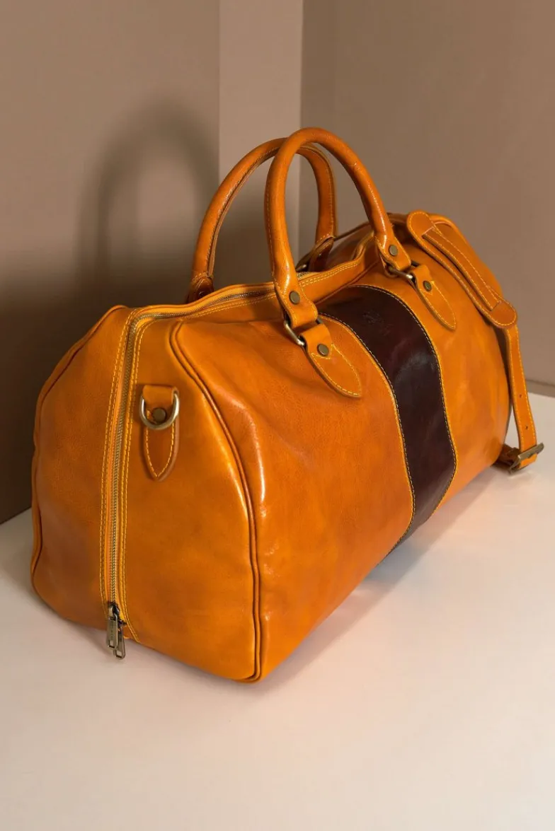 D'Arienzo Morris - Borsone da viaggio in pelle ocra marrone con chiusura zip