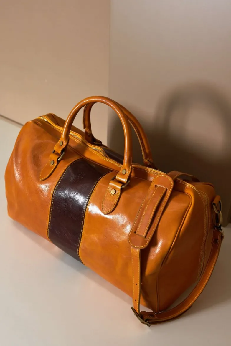 D'Arienzo Morris - Borsone da viaggio in pelle ocra marrone con chiusura zip